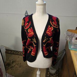 Vintage Intuitions Black & Red Knit Cardigan - Bold Floral Design